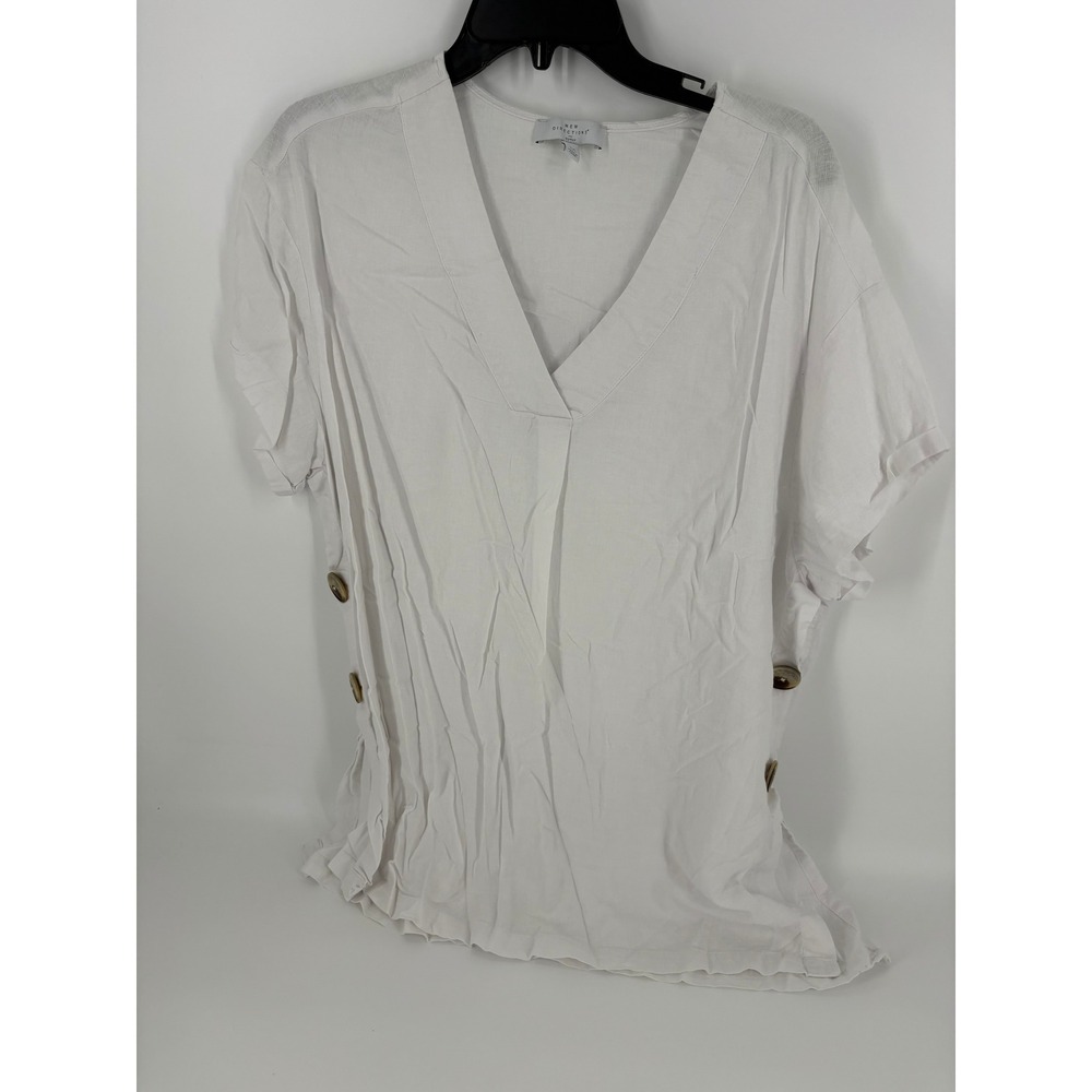 New Directions Curvy 1X White Linen Blend V-Neck Button Detail Tunic Top